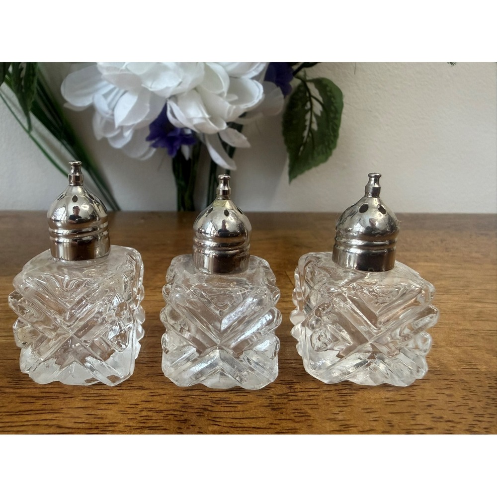 Vintage Pressed Glass Mini Salt or Spice Shakers Set of Three Retro Dining